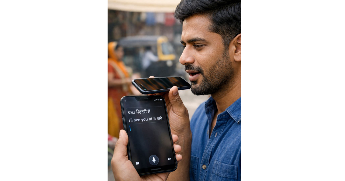 An Indian smartphone user speaking into their phone as on-device AI accurately converts local language speech into text on the screen, symbolizing the rise of multilingual voice typing in India in 2026.