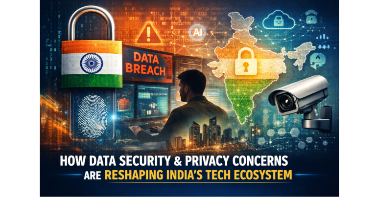 Infographic showing how data security and privacy concerns are reshaping India’s tech ecosystem, featuring an India-shaped map with a lock icon, a tricolour padlock, surveillance camera, cloud and AI symbols, and sections highlighting the Digital Personal Data Protection Act, compliance challenges for tech companies, security versus surveillance debates, and the push for digital sovereignty and user trust.