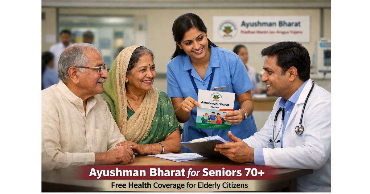 An elderly Indian couple consulting a doctor at a hospital while a healthcare worker explains Ayushman Bharat free health coverage for senior citizens aged 70 and above.