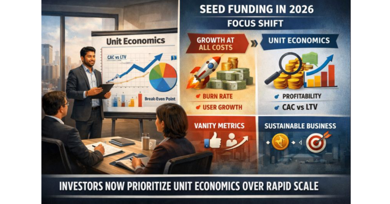 Infographic showing 2026 Indian startup seed funding trends, highlighting the shift from rapid scale to unit economics focus with metrics like CAC, CLV, payback period, and gross margins.