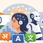 Simple illustration of India with an AI avatar and robots, highlighting multilingual artificial intelligence.