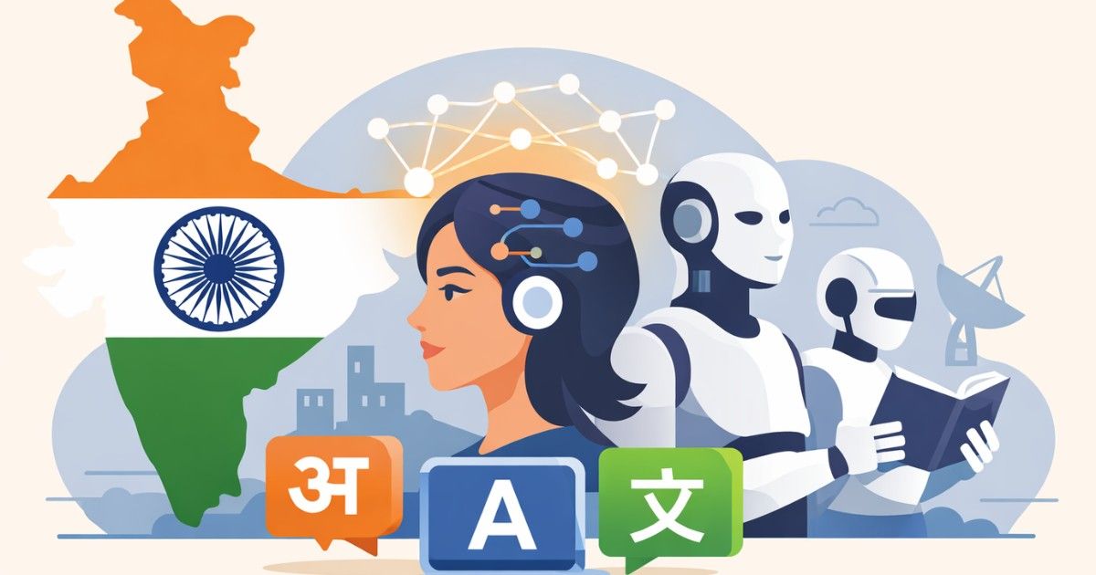 Simple illustration of India with an AI avatar and robots, highlighting multilingual artificial intelligence.