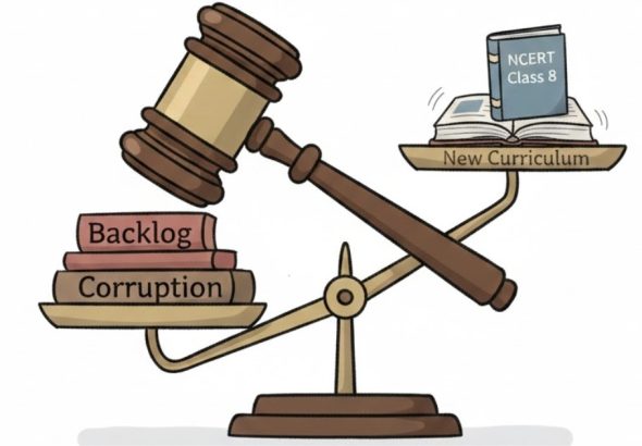 Illustration showing NCERT, judiciary backlog, and corruption concerns