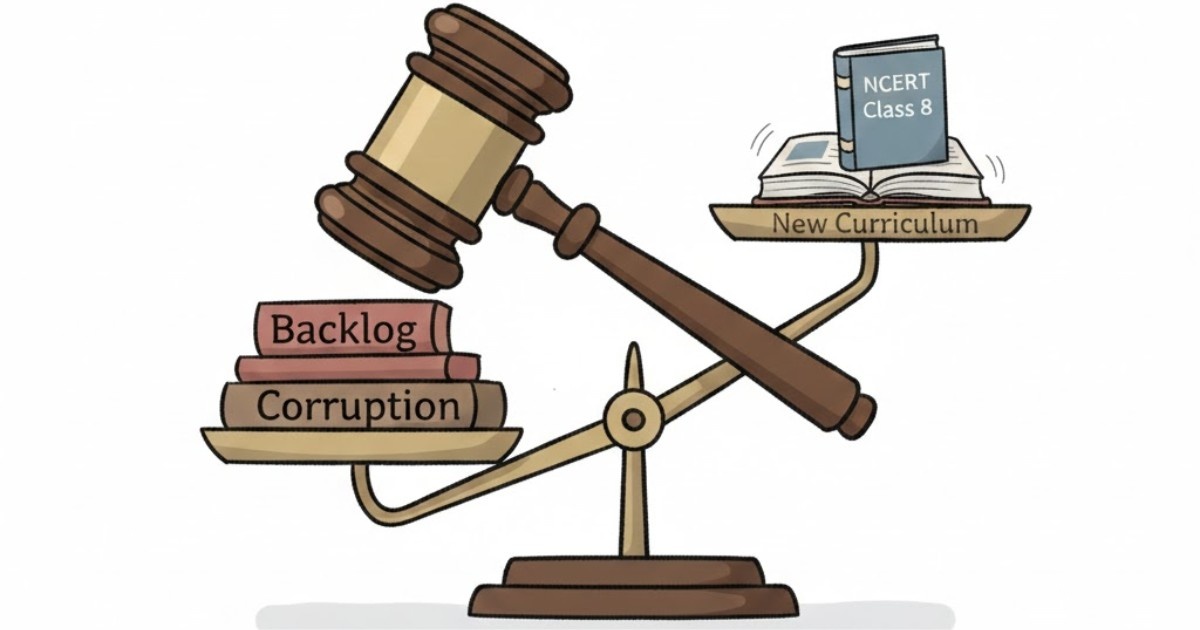 Illustration showing NCERT, judiciary backlog, and corruption concerns
