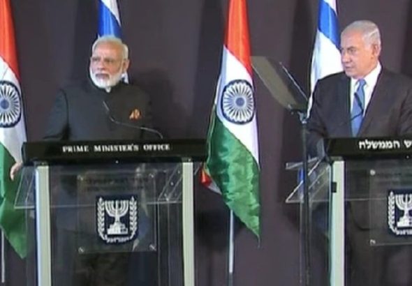 Indian Prime Minister Narendra Modi and Israeli Prime Minister Benjamin Netanyahu at a joint press event.
