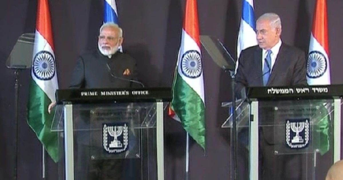 Indian Prime Minister Narendra Modi and Israeli Prime Minister Benjamin Netanyahu at a joint press event.