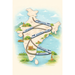 Illustration showing high-speed trains connecting major Indian cities across north, south, east, and west India.