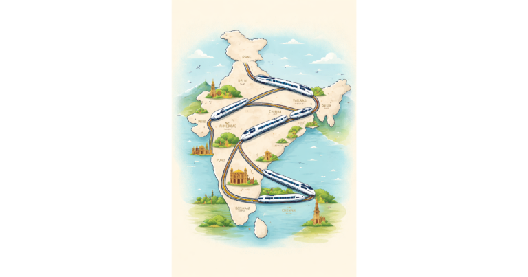 Illustration showing high-speed trains connecting major Indian cities across north, south, east, and west India.
