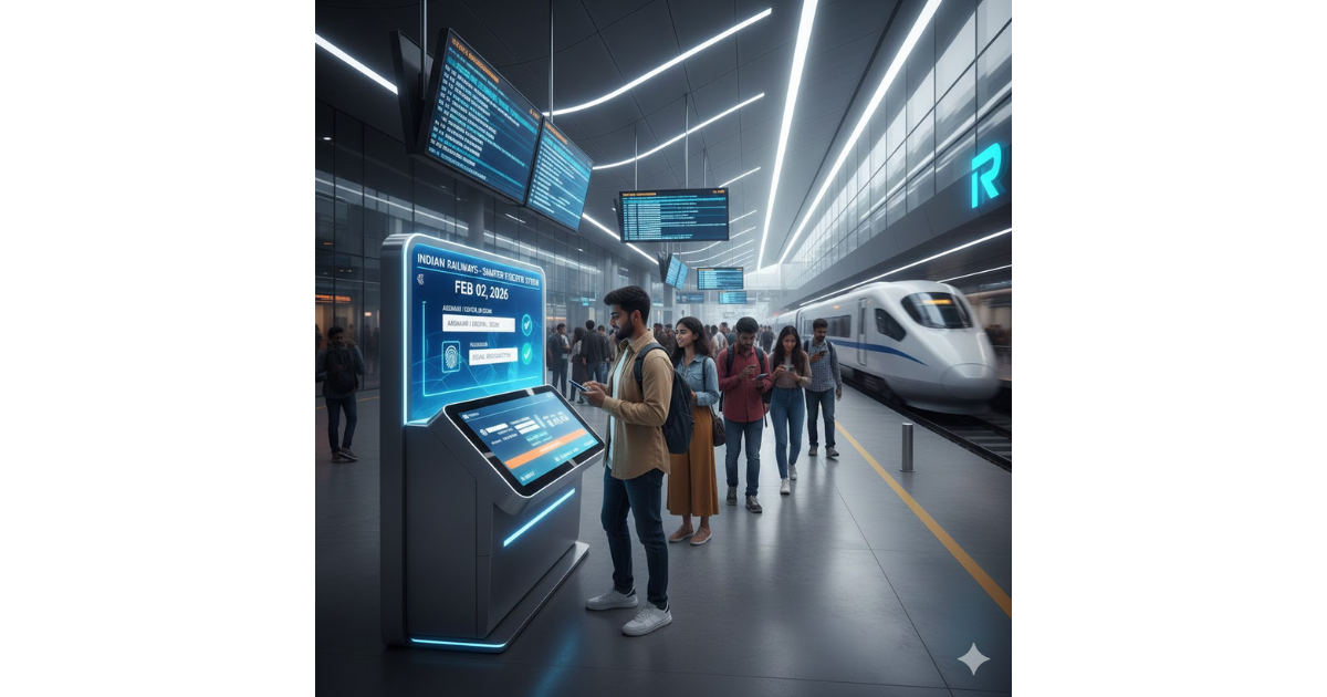 Modern Indian Railways coach with passengers using digital ticketing and clean onboard facilities.