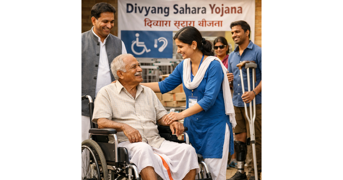 Senior citizen receiving a wheelchair under Divyang Sahara Yojana.