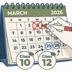 March 2026 calendar with March 3 crossed out and new exam dates circled.