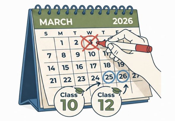 March 2026 calendar with March 3 crossed out and new exam dates circled.