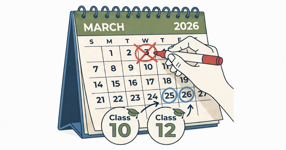 March 2026 calendar with March 3 crossed out and new exam dates circled.
