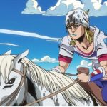 JoJo Steel Ball Run anime characters Johnny Joestar Gyro Zeppeli horse race scene