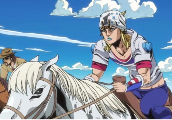 JoJo Steel Ball Run anime characters Johnny Joestar Gyro Zeppeli horse race scene