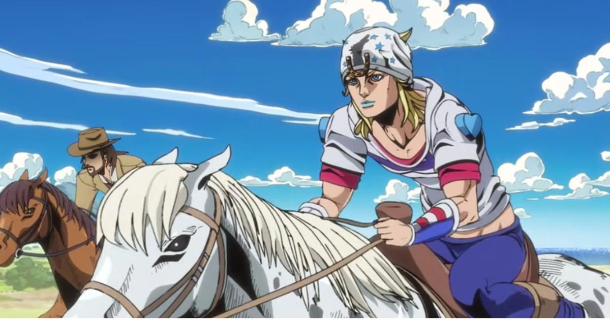 JoJo Steel Ball Run anime characters Johnny Joestar Gyro Zeppeli horse race scene