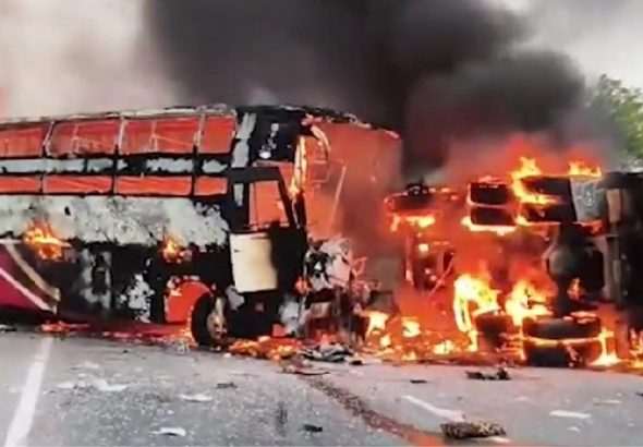 Markapuram bus truck accident scene Andhra Pradesh