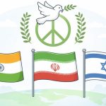 India, Iran and Israel flags beneath a dove with an olive branch symbolizing peace.