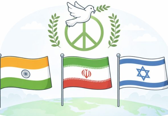 India, Iran and Israel flags beneath a dove with an olive branch symbolizing peace.