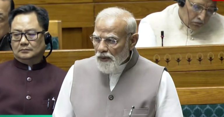 PM Narendra Modi speaking in Parliament about India’s stance on West Asia conflict