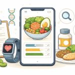 Simple illustration of a smartphone showing a healthy meal plan with fresh food icons.
