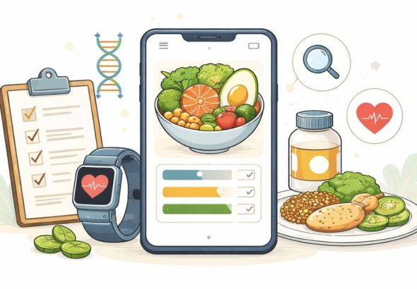 Simple illustration of a smartphone showing a healthy meal plan with fresh food icons.