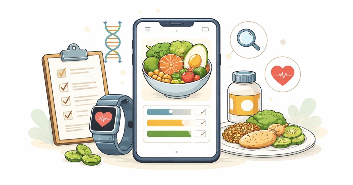 Simple illustration of a smartphone showing a healthy meal plan with fresh food icons.