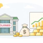 Closed stock exchange building beside gold bars and an upward-trending chart.