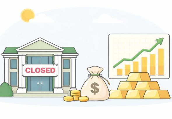 Closed stock exchange building beside gold bars and an upward-trending chart.
