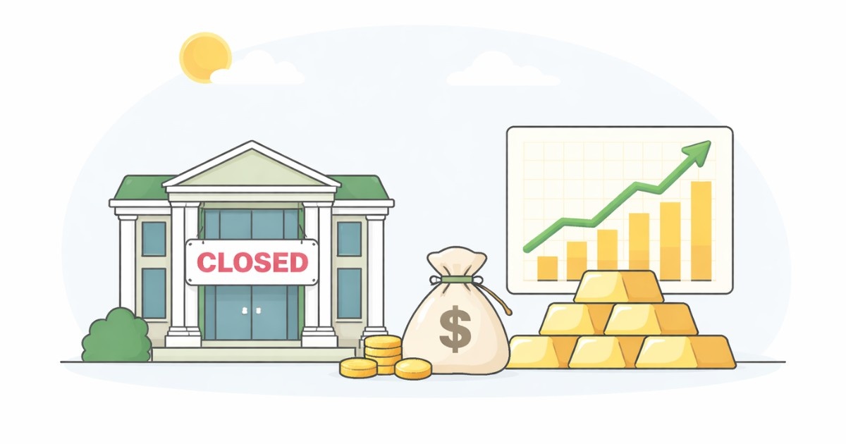 Closed stock exchange building beside gold bars and an upward-trending chart.