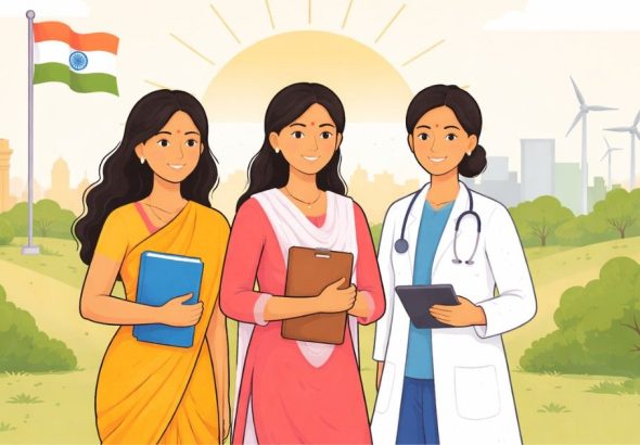 Three Indian women representing empowerment and India’s development vision.