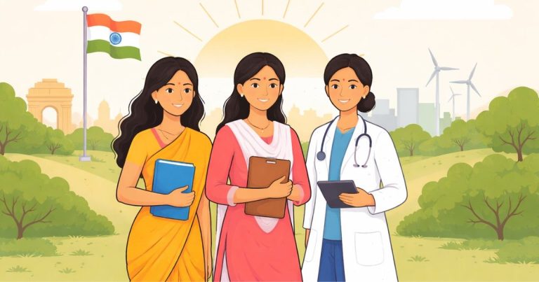 Three Indian women representing empowerment and India’s development vision.