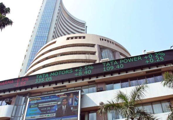 Stock market screen showing Sensex decline amid global geopolitical tensions